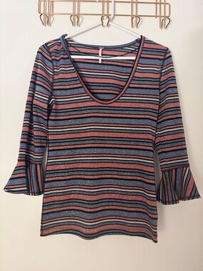 Free People Multi-Colored Metallic Scoop Neck Bell Sleeve Top